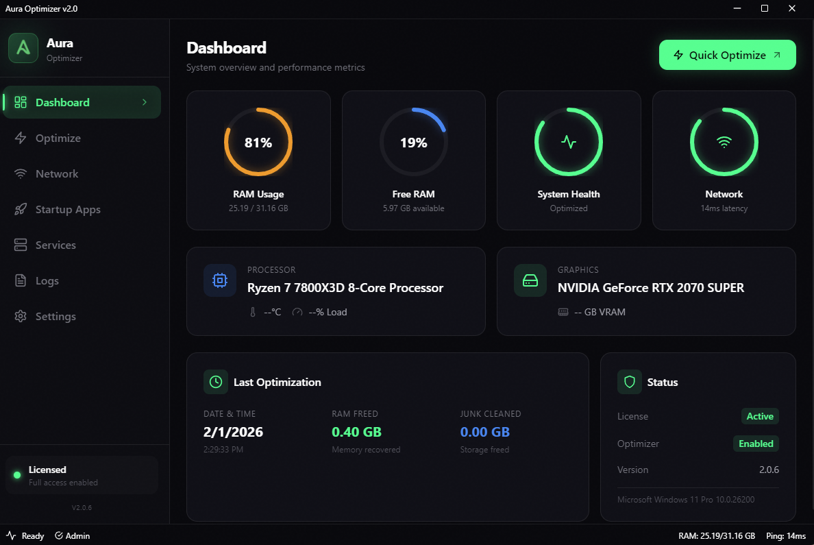 Aura Optimizer — Elite Gaming Performance